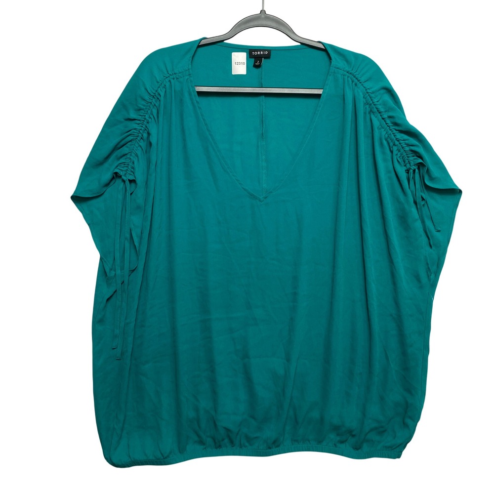 Torrid Blouse Womens 2X Teal V-Neck Ruched Shoulder Elastic Hem Bubble Top